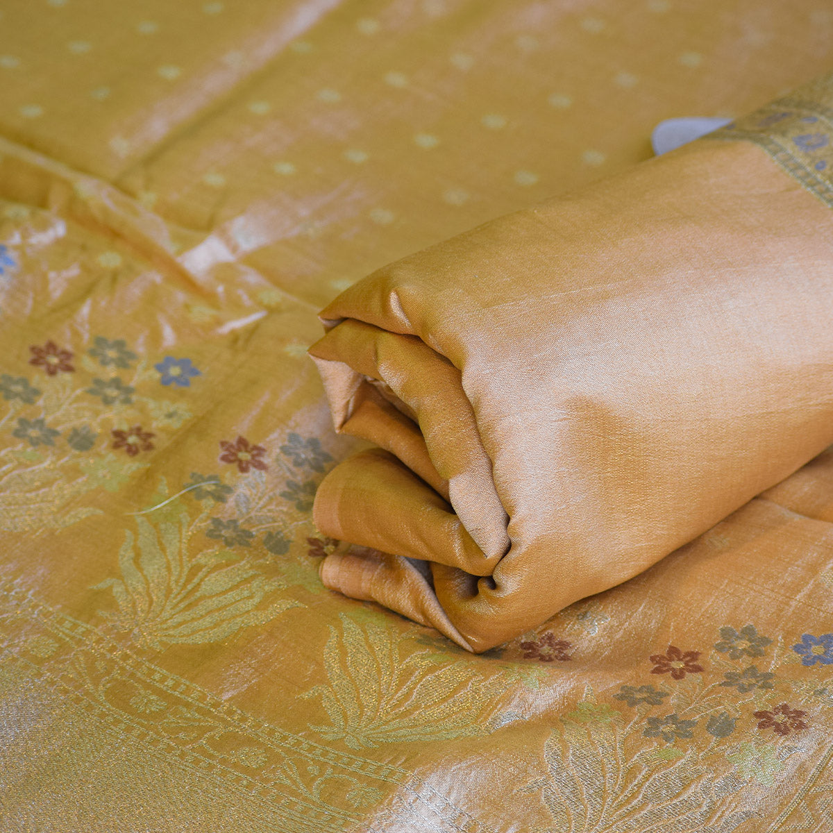 Mustard Gold Handwoven Banarasi Suit Set with Multi-Colored Floral Border