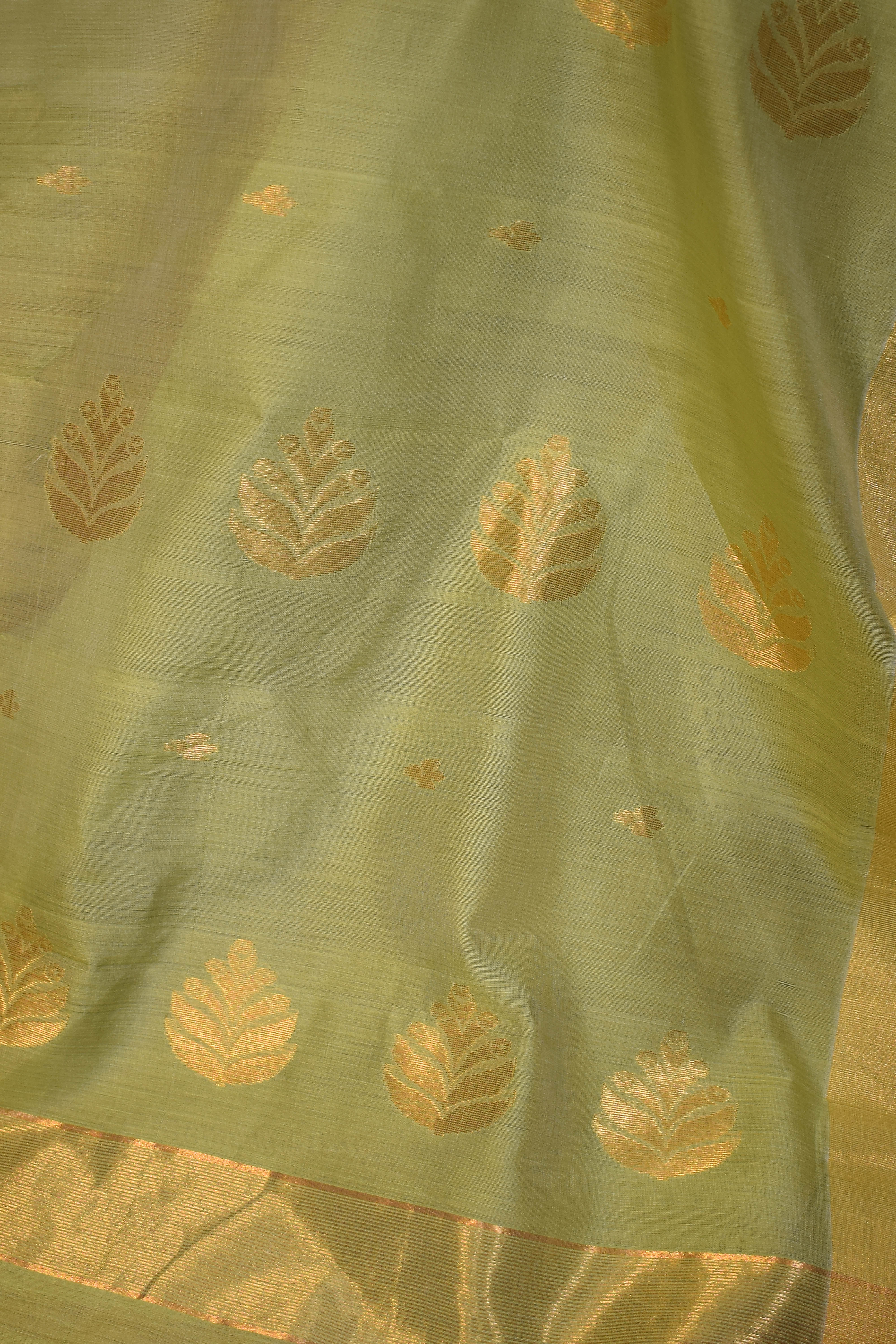 Pure handloom chanderi olive green saree with golden zari weaving