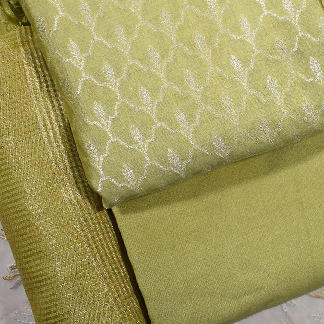 Olive Green–Pure Munga Silk Banarasi Unstitched Suit Set