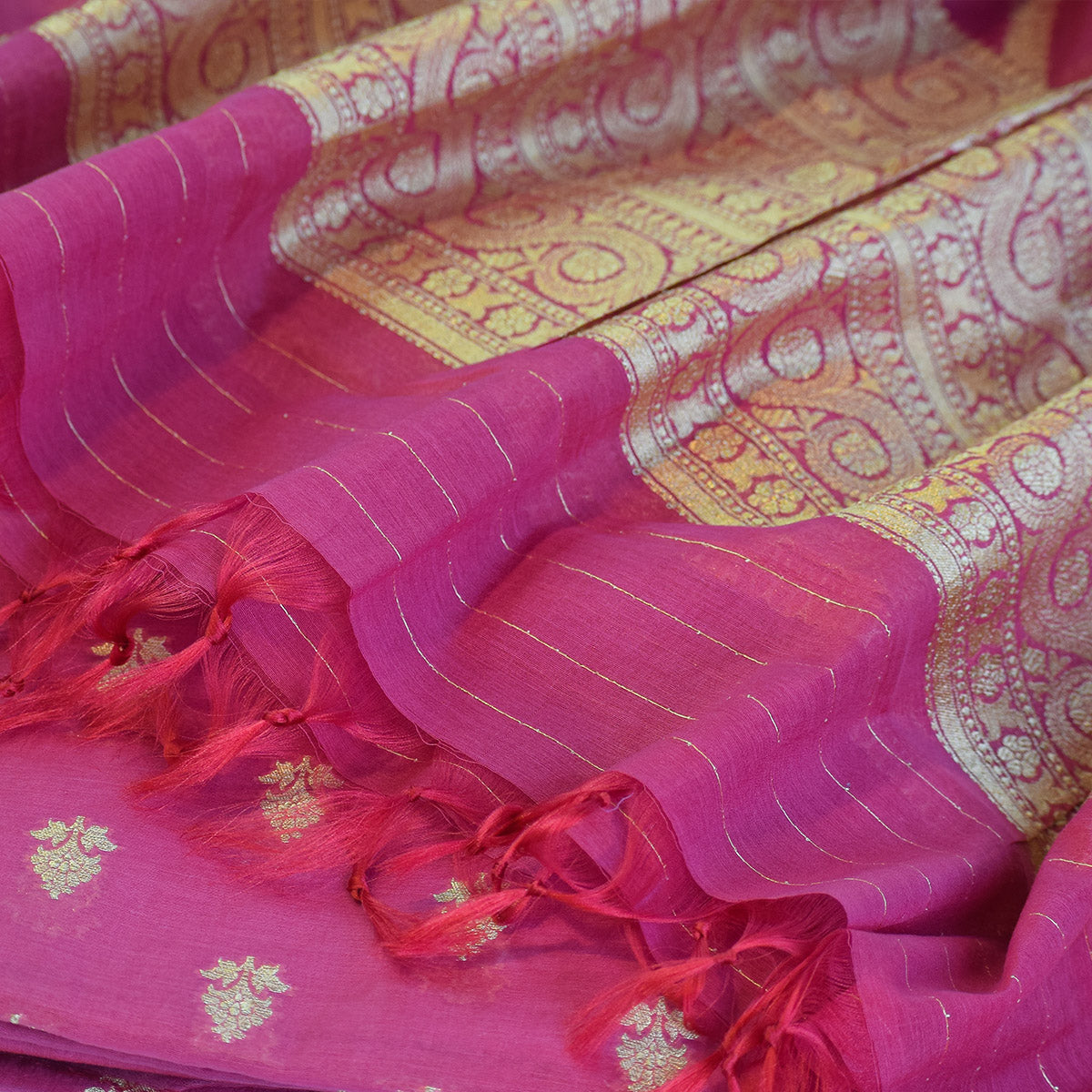 Hot Pink Banarasi Suit Fabric with Regal Zari Stripes