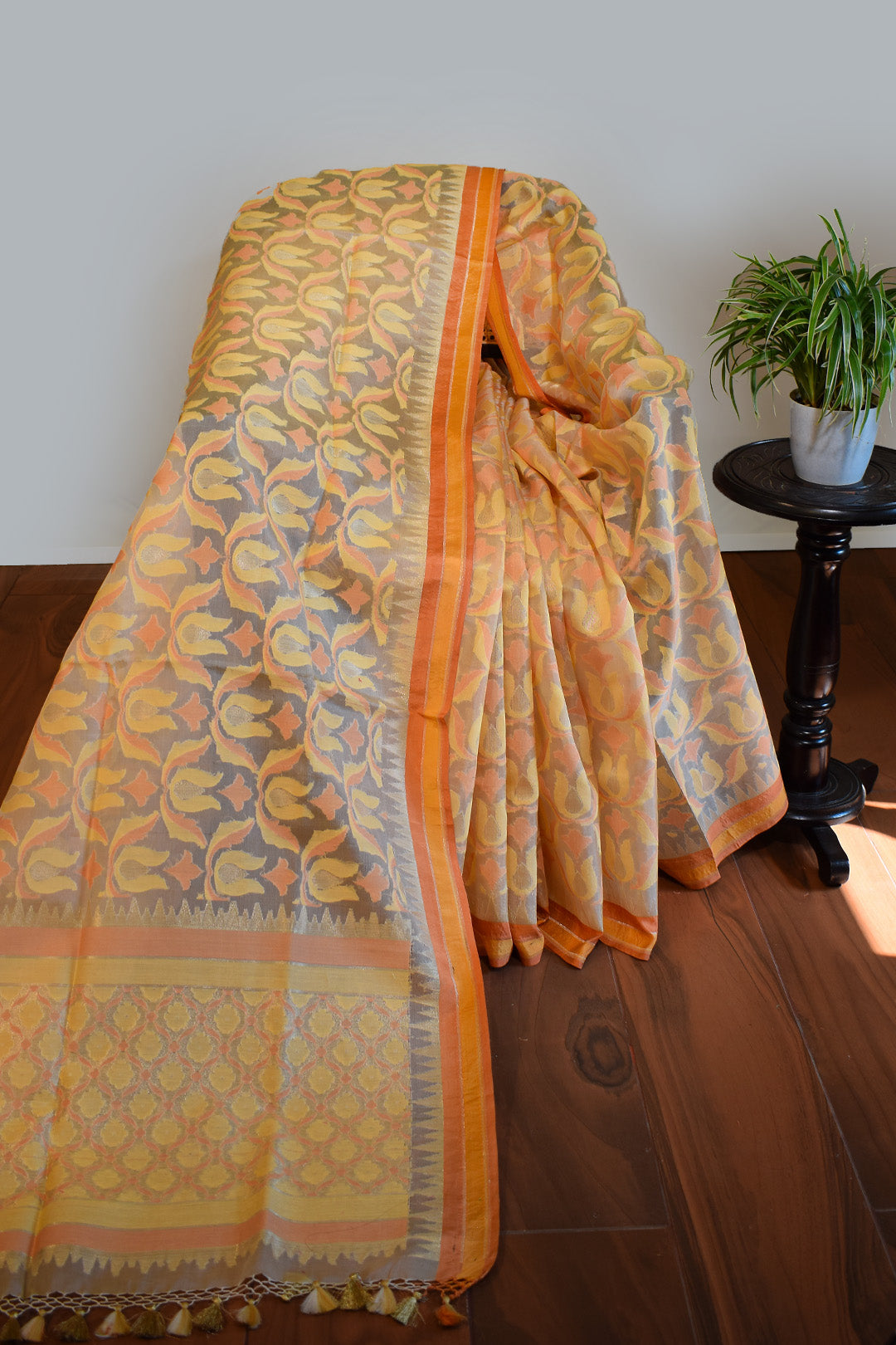 Orange–Mustard Jamdani-Inspired Banarasi Silk Saree
