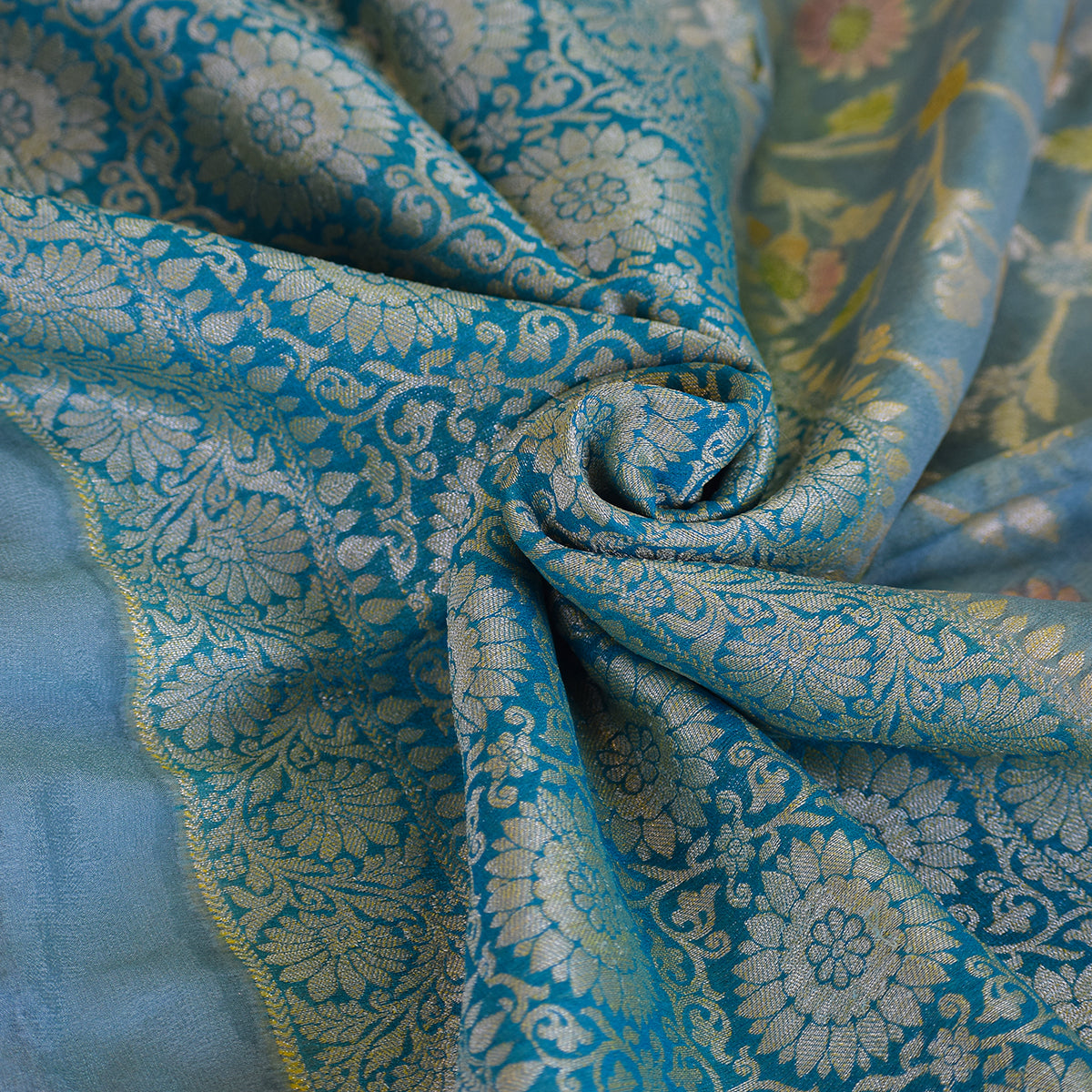 Bluish Grey Banarasi Georgette Suit Set with Zari Floral Border