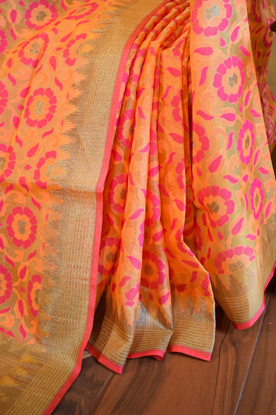 Coral Peach Jamdani-Inspired Banarasi Silk Saree with Floral Motifs
