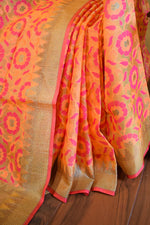 Coral Peach Jamdani-Inspired Banarasi Silk Saree with Floral Motifs