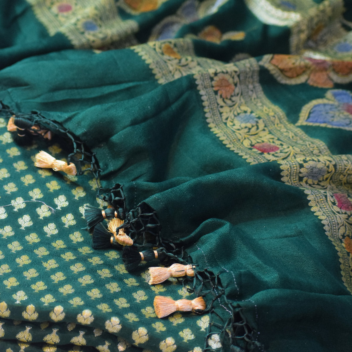 Green Banarasi Suit Fabric with Zari & Tassels
