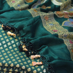 Green Banarasi Suit Fabric with Zari & Tassels