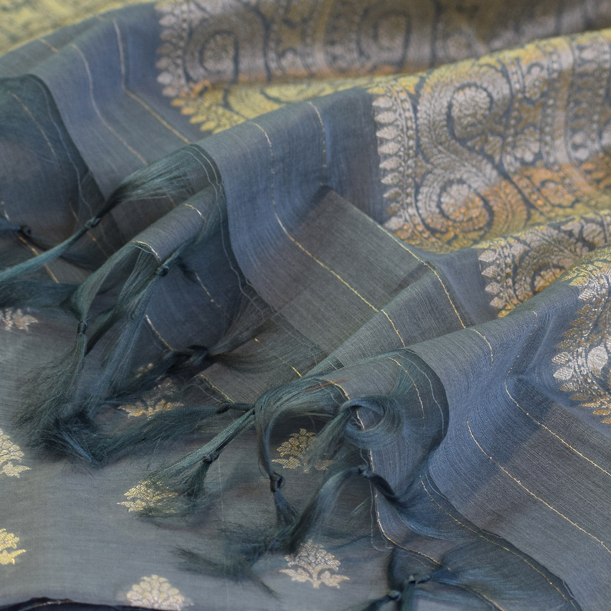 Charcoal Grey Banarasi Suit Fabric with Regal Zari Stripes