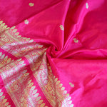 Rani Pink Handwoven Banarasi Munga Muslin Suit Set with Intricate Zari Borders & Playful Tassels