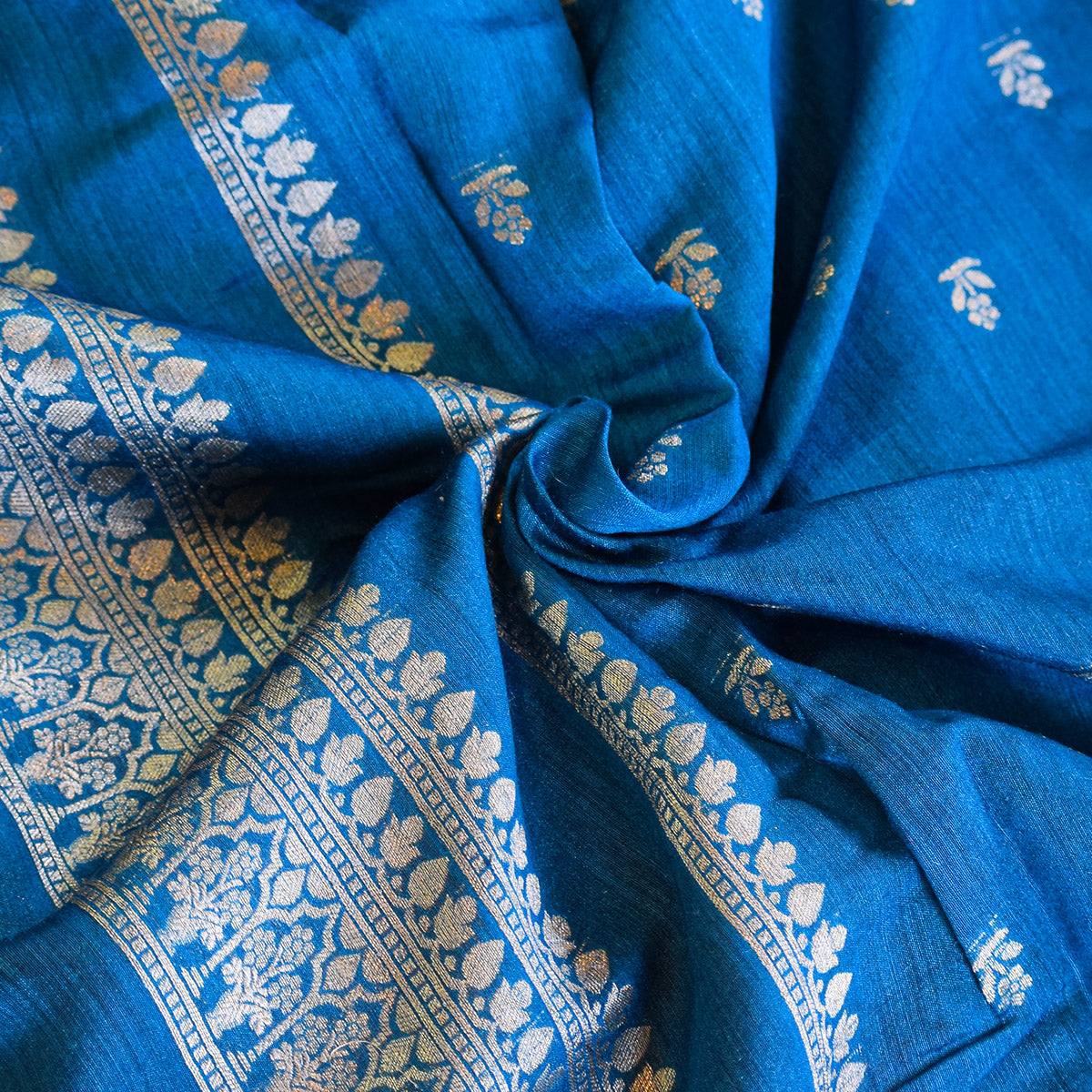 Azure Blue Handwoven Banarasi Munga Muslin Suit Set with Zari Butis & Ornate Border