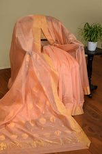 Pure handloom chanderi saree with golden zari weaving-Peach