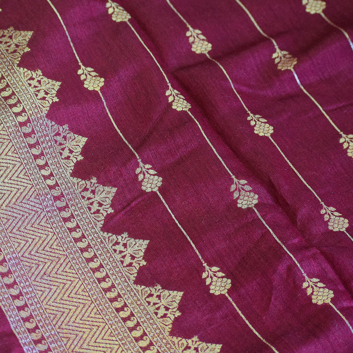 Maroon Handwoven Banarasi Suit Set with Zari Motifs & Ornate Border