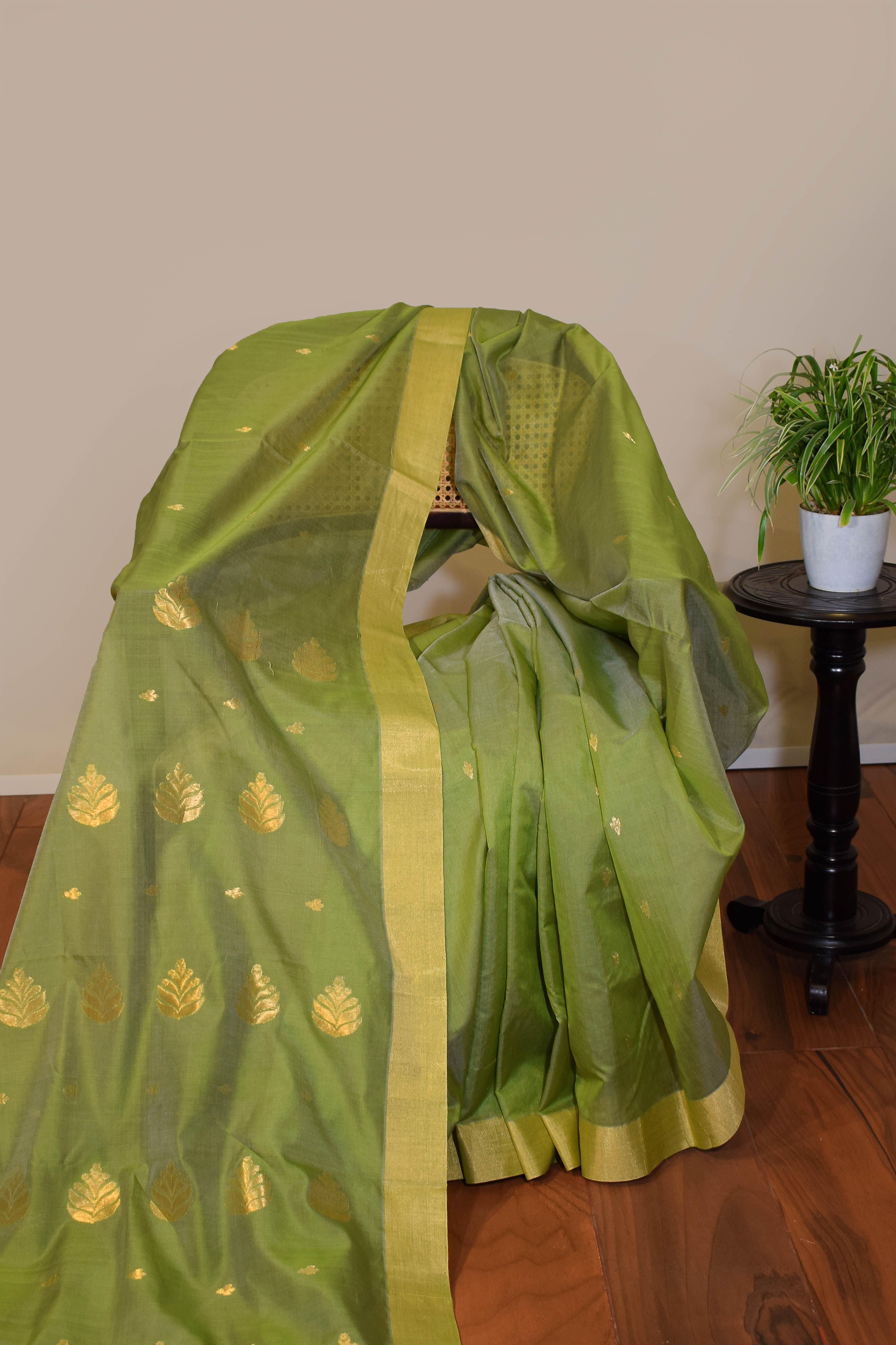 Pure handloom chanderi saree with golden zari weaving-olive green