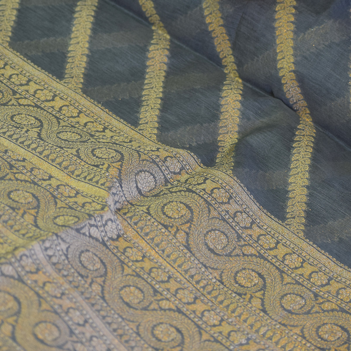 Charcoal Grey Banarasi Suit Fabric with Regal Zari Stripes