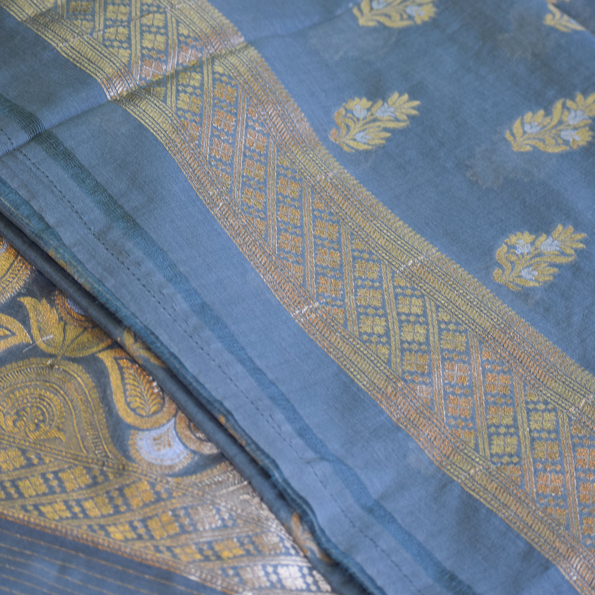 Grey-Blue Chanderi Jamdani Banarasi Suit Set with Paisley & Floral Zari Weave