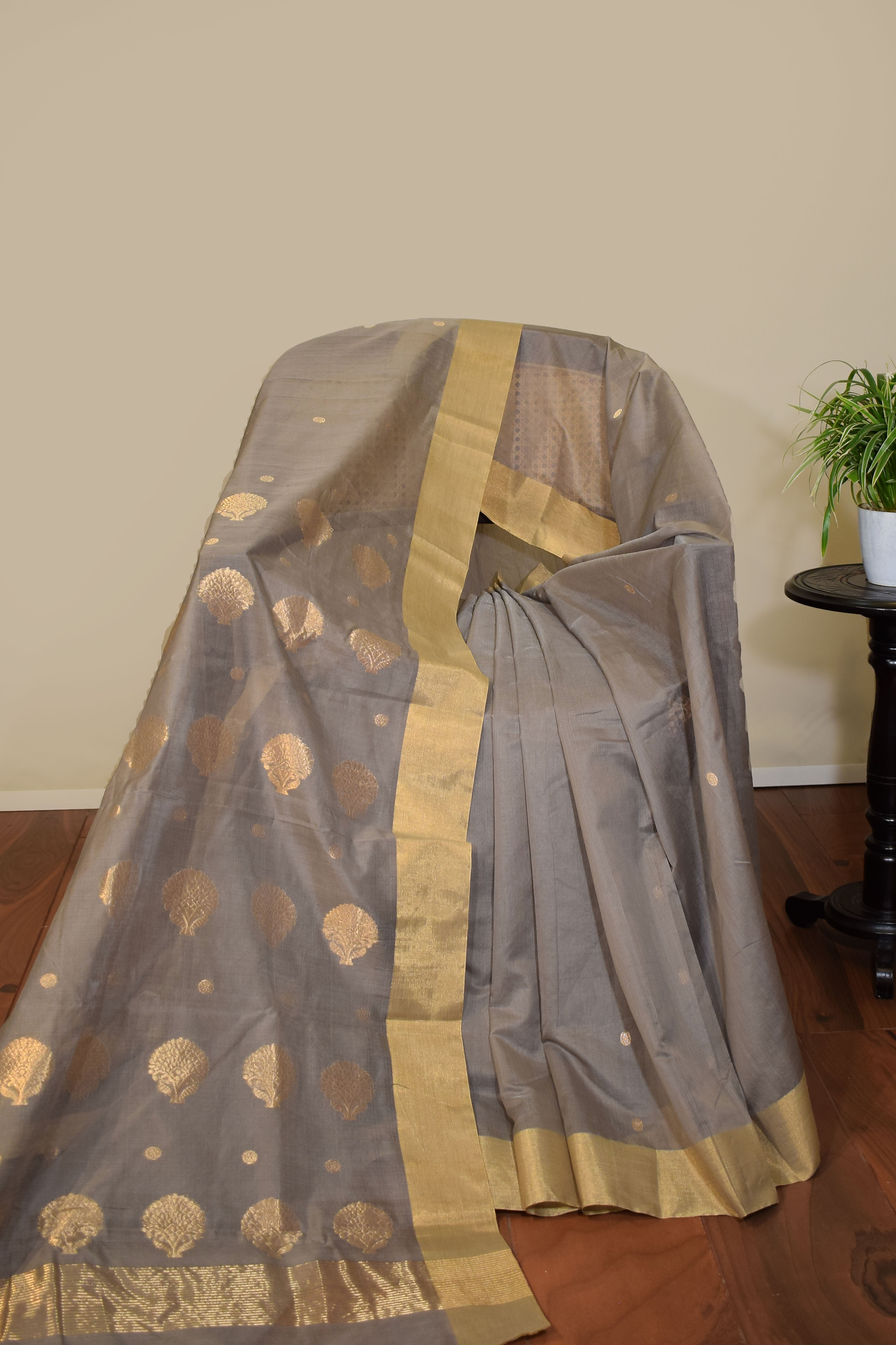 Pure handloom chanderi saree with golden zari weaving-steel grey