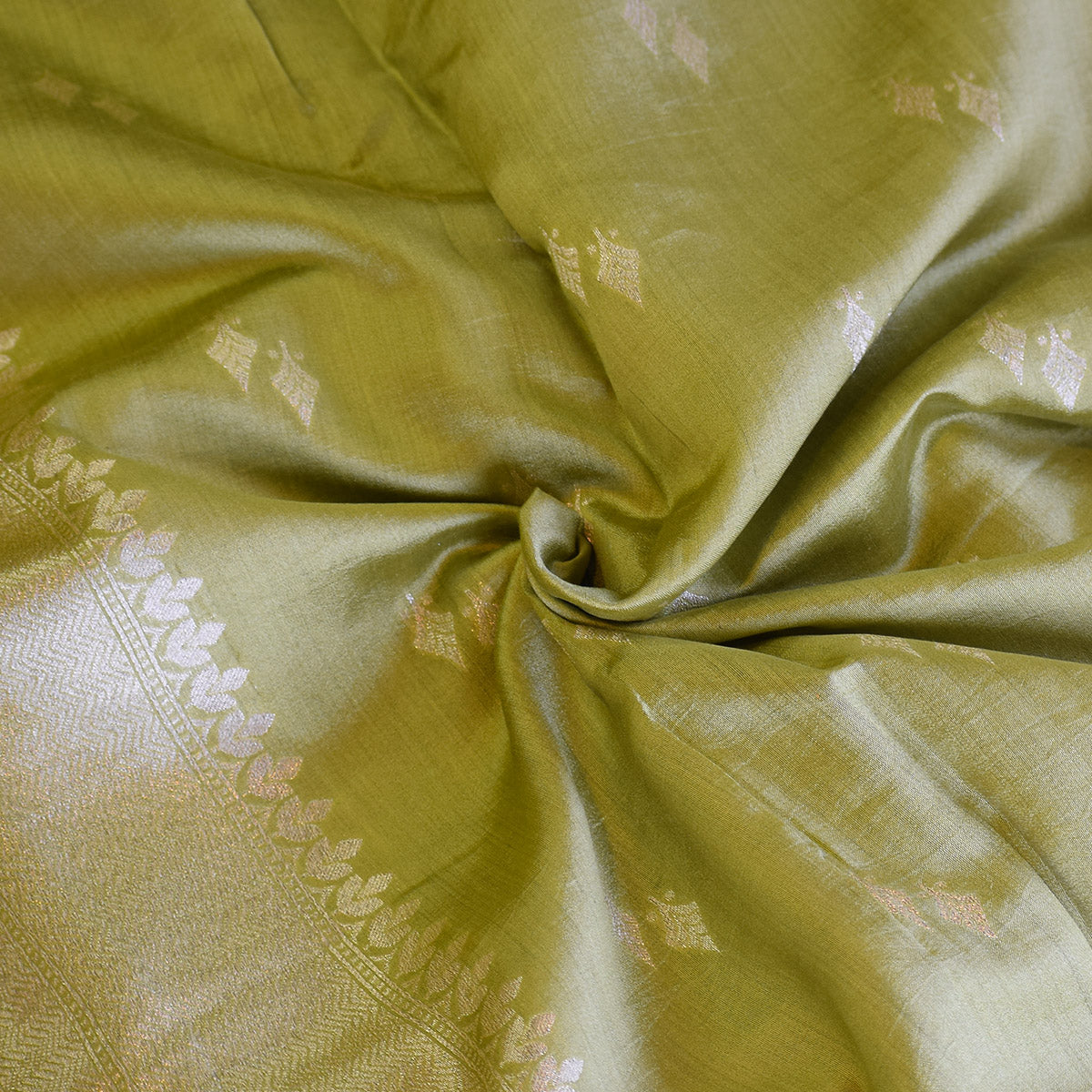 Olive Green Handwoven Banarasi Munga Muslin Suit Set with Zari Butis & Ornate Border