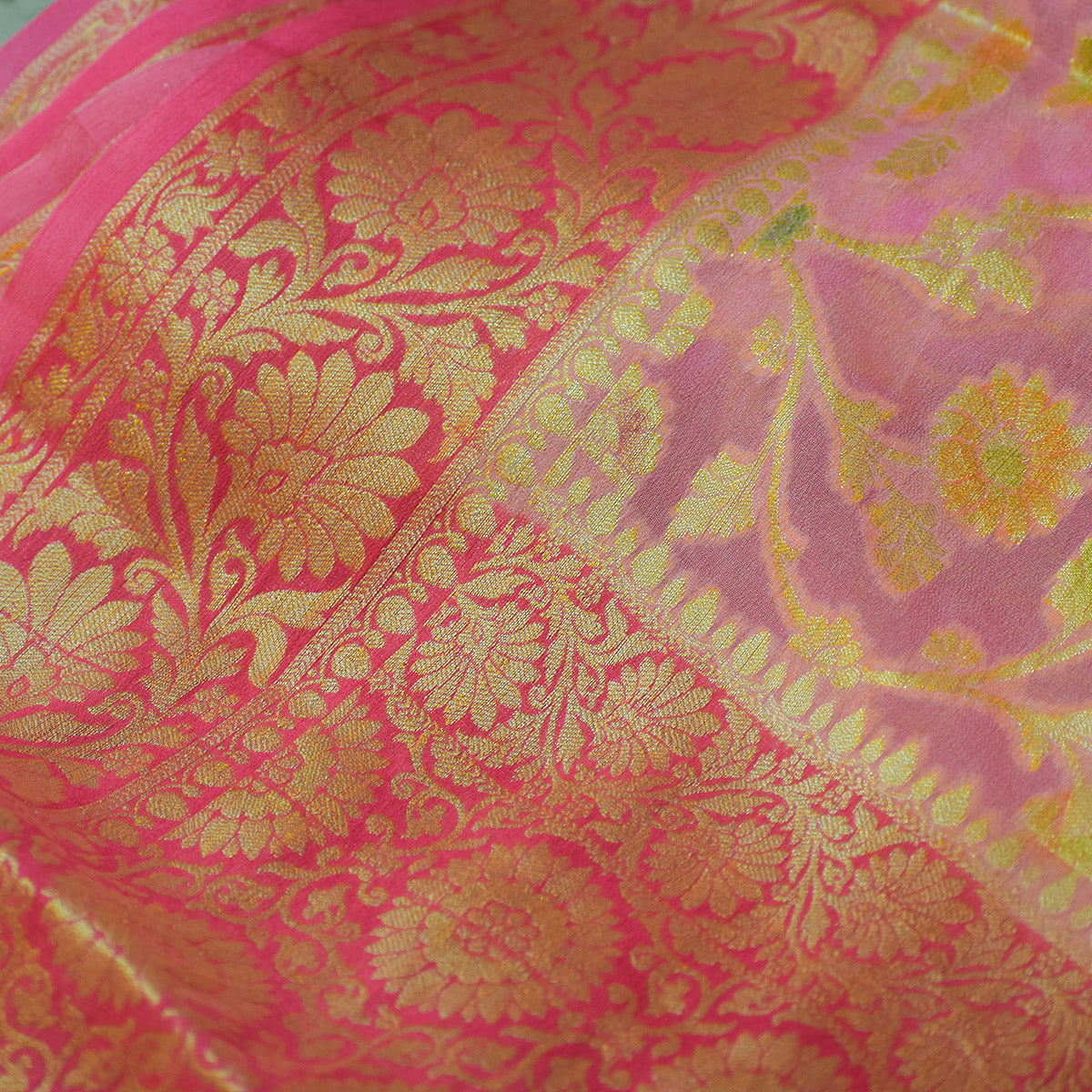 Pink Banarasi Suit Fabric with Golden Floral Zari