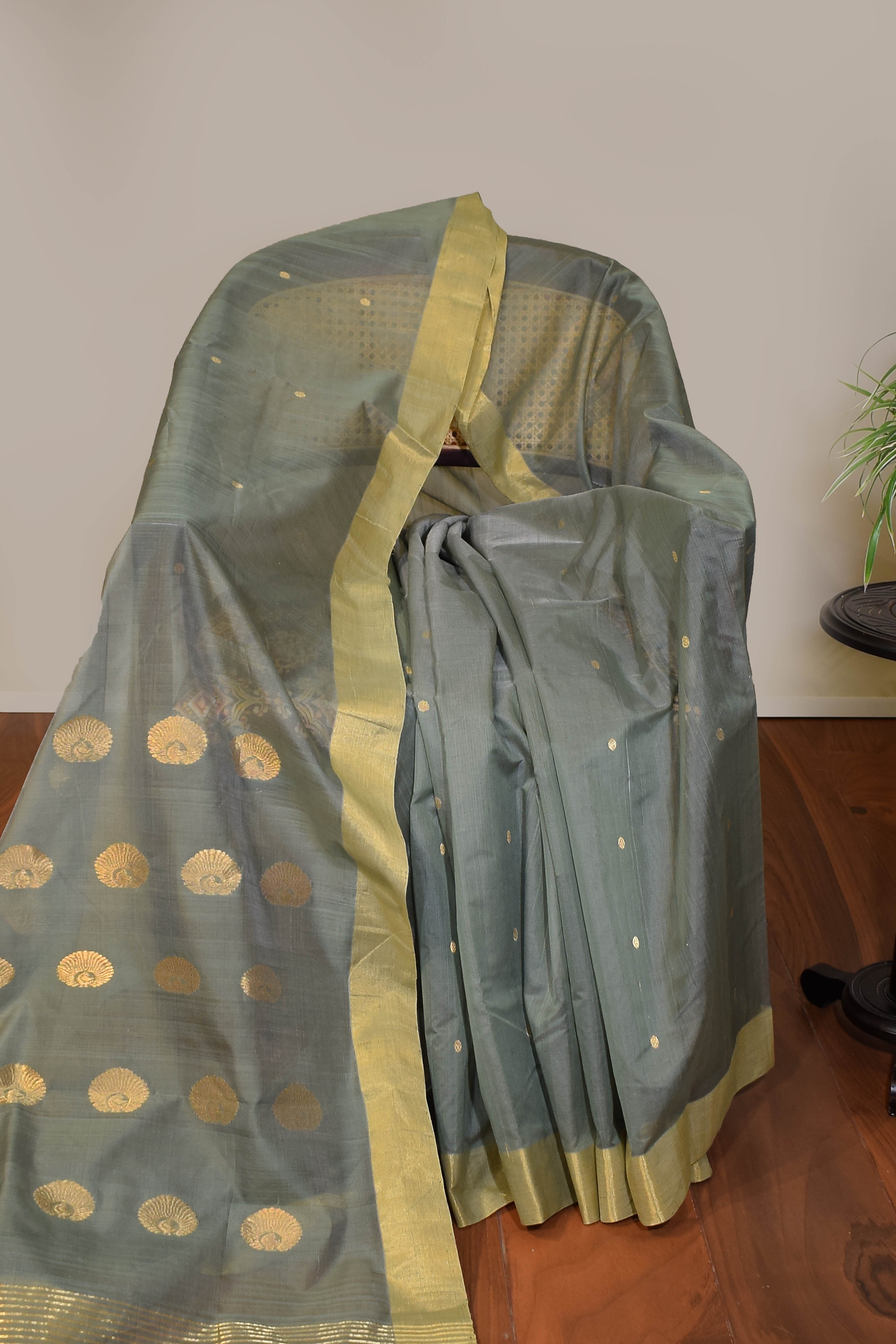 Pure handloom chanderi saree with golden zari weaving-sage green