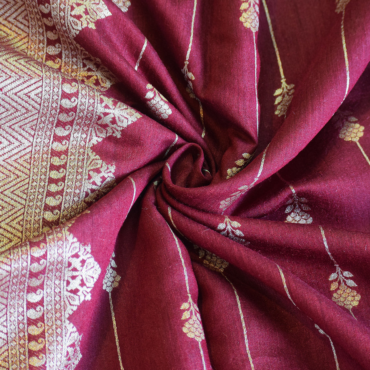 Maroon Handwoven Banarasi Suit Set with Zari Motifs & Ornate Border