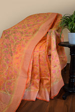 Peach–Coral Jamdani-Inspired Banarasi Silk Saree