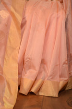 Pure handloom chanderi saree with golden zari weaving-Peach