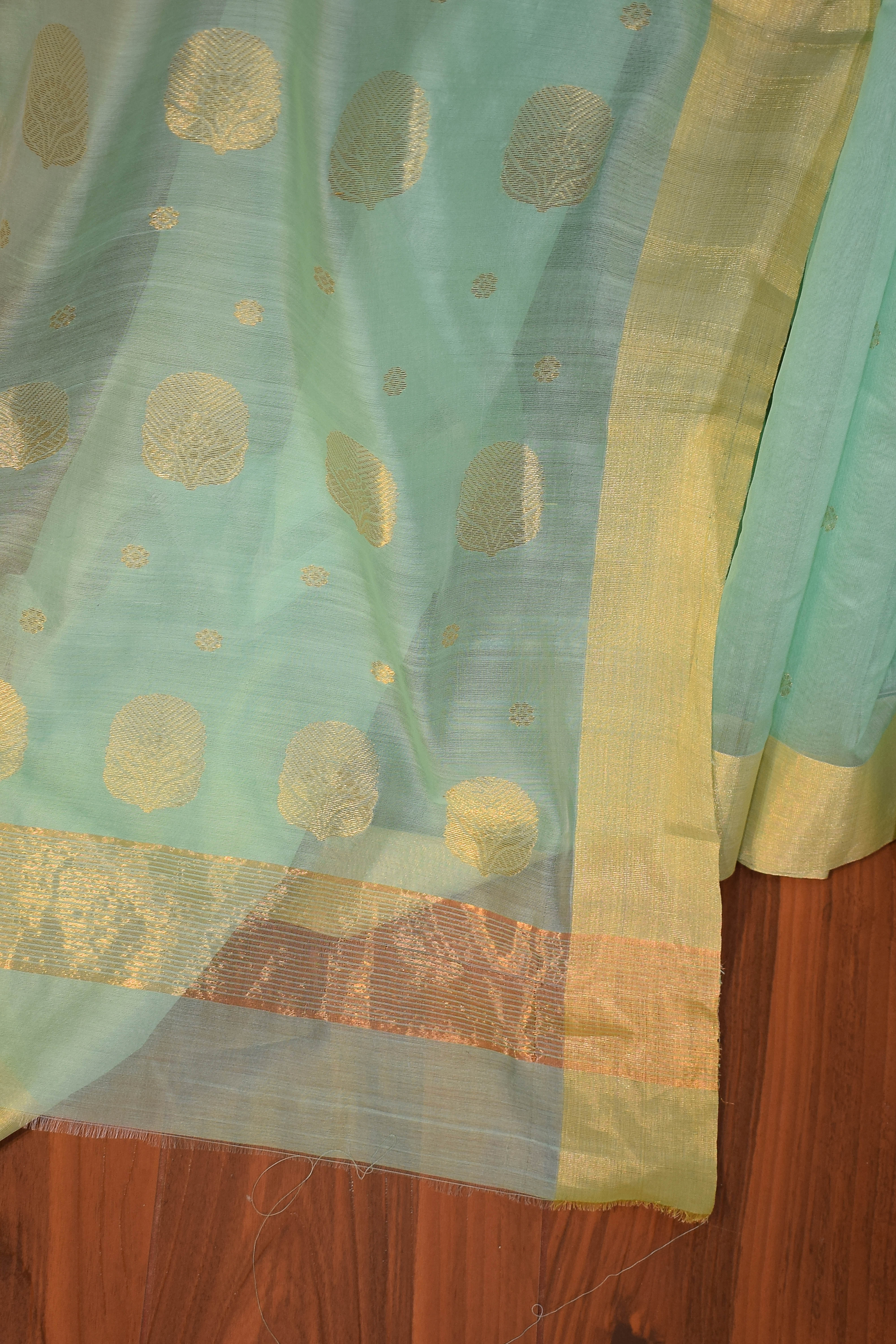 Pure handloom chanderi saree with golden zari weaving-turquoise