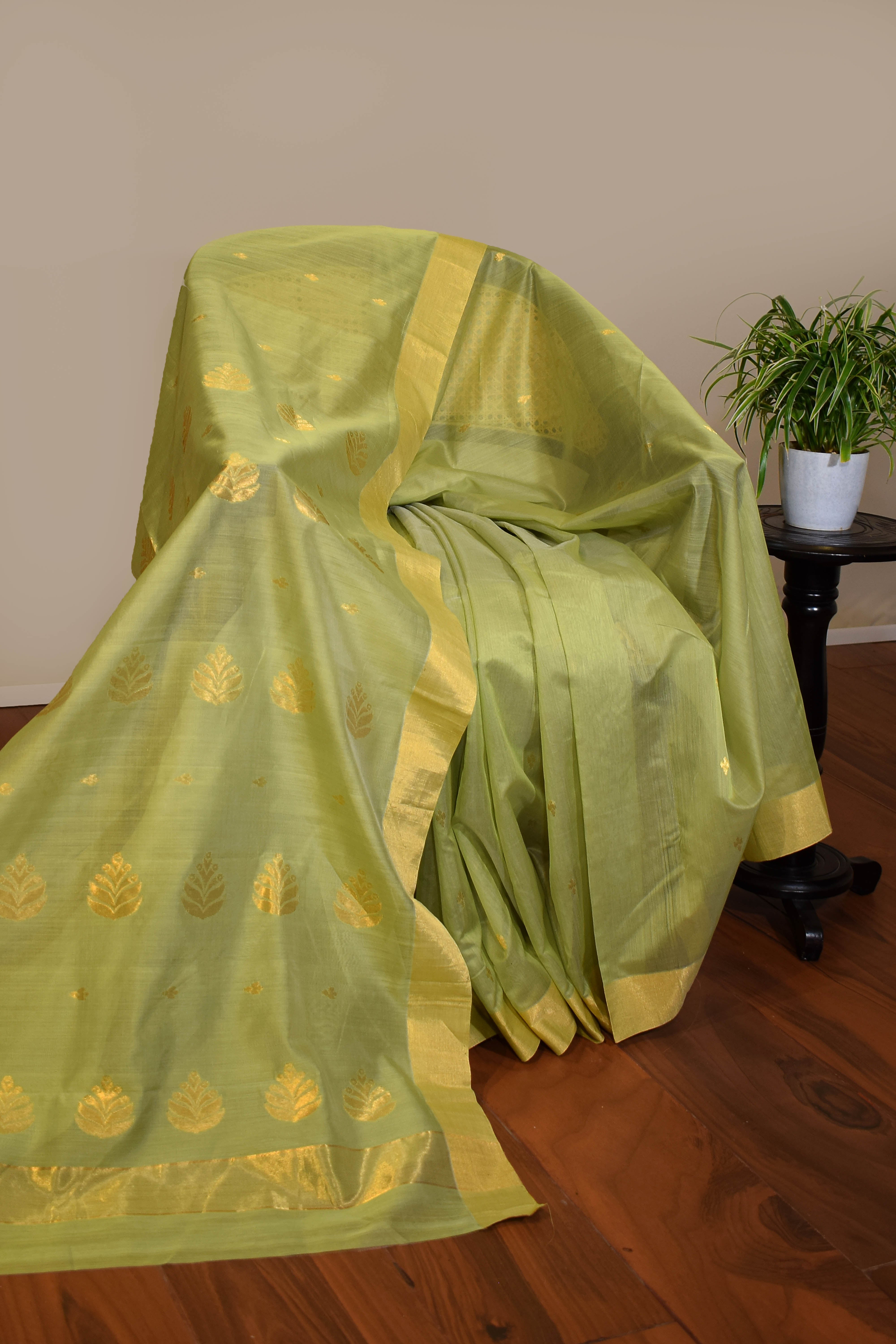 Pure handloom chanderi olive green saree with golden zari weaving