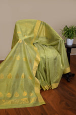 Pure handloom chanderi saree with golden zari weaving-light olive green