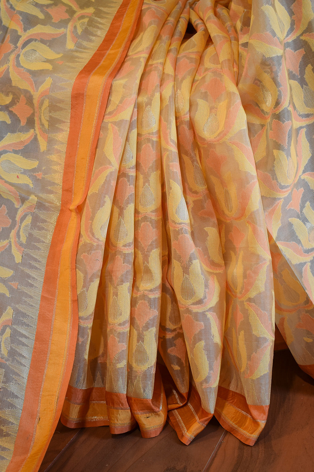 Orange–Mustard Jamdani-Inspired Banarasi Silk Saree