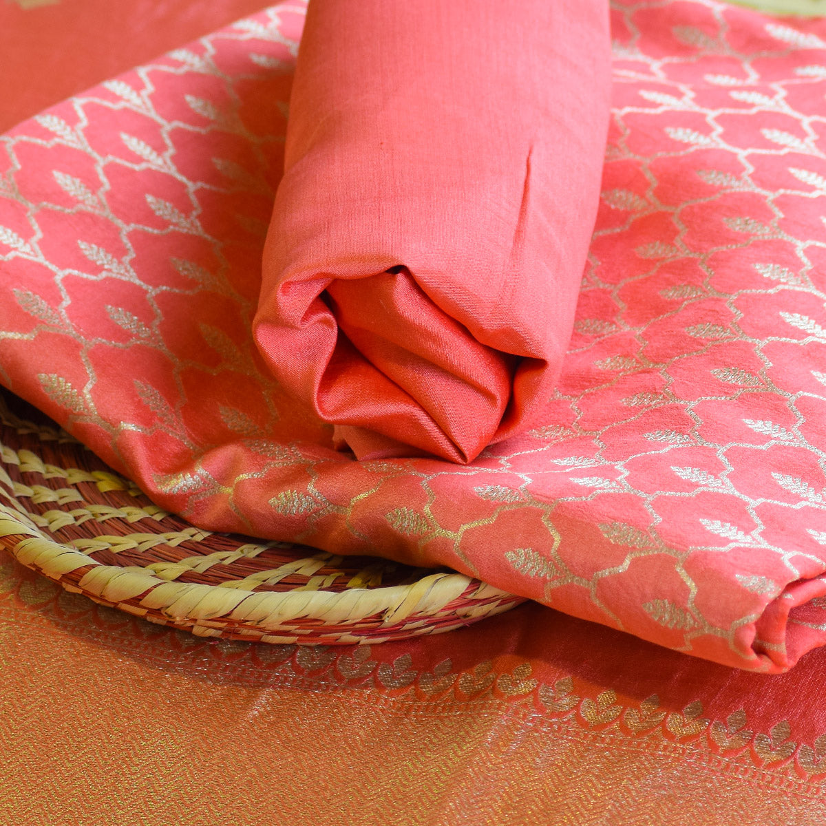 Pink Handwoven Banarasi Munga Muslin Suit Set with Zari Butis & Ornate Border