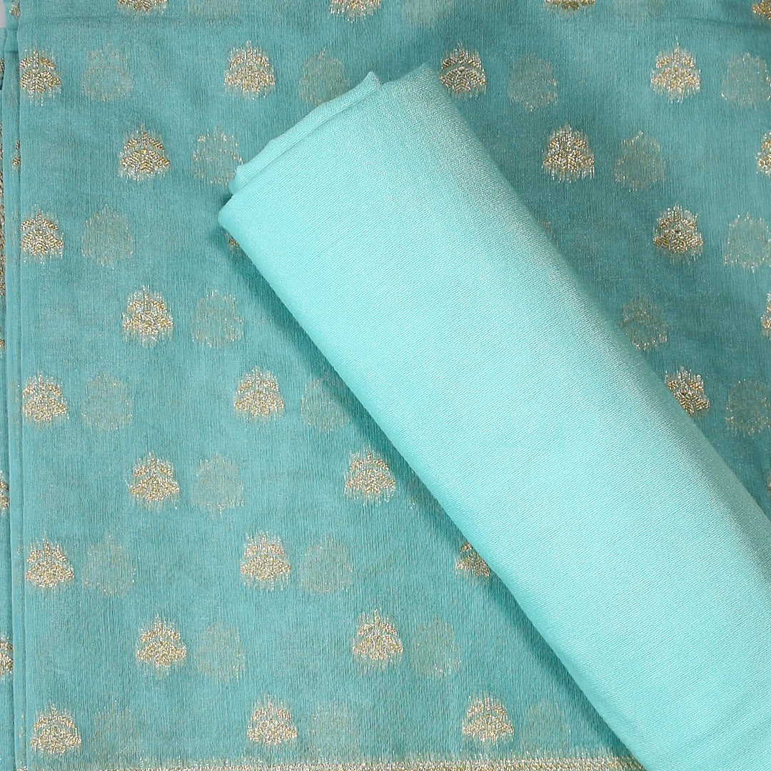 Turquoise Blue- Linen Tussar Banarasi Kadwa Unstitched Suit Set