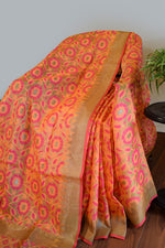Coral Peach Jamdani-Inspired Banarasi Silk Saree with Floral Motifs
