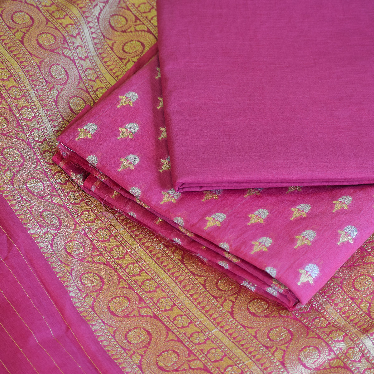 Rani Pink Handwoven Banarasi Silk Suit Set with Gold Zari Jaal & Ornate Border