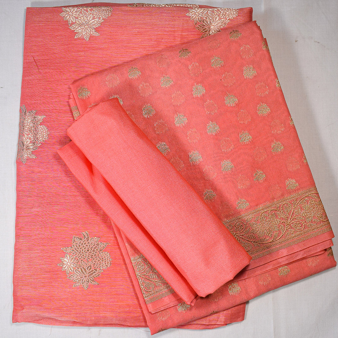 Peach- Linen Tussar Banarasi Kadwa Unstitched Suit Set