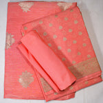 Peach- Linen Tussar Banarasi Kadwa Unstitched Suit Set
