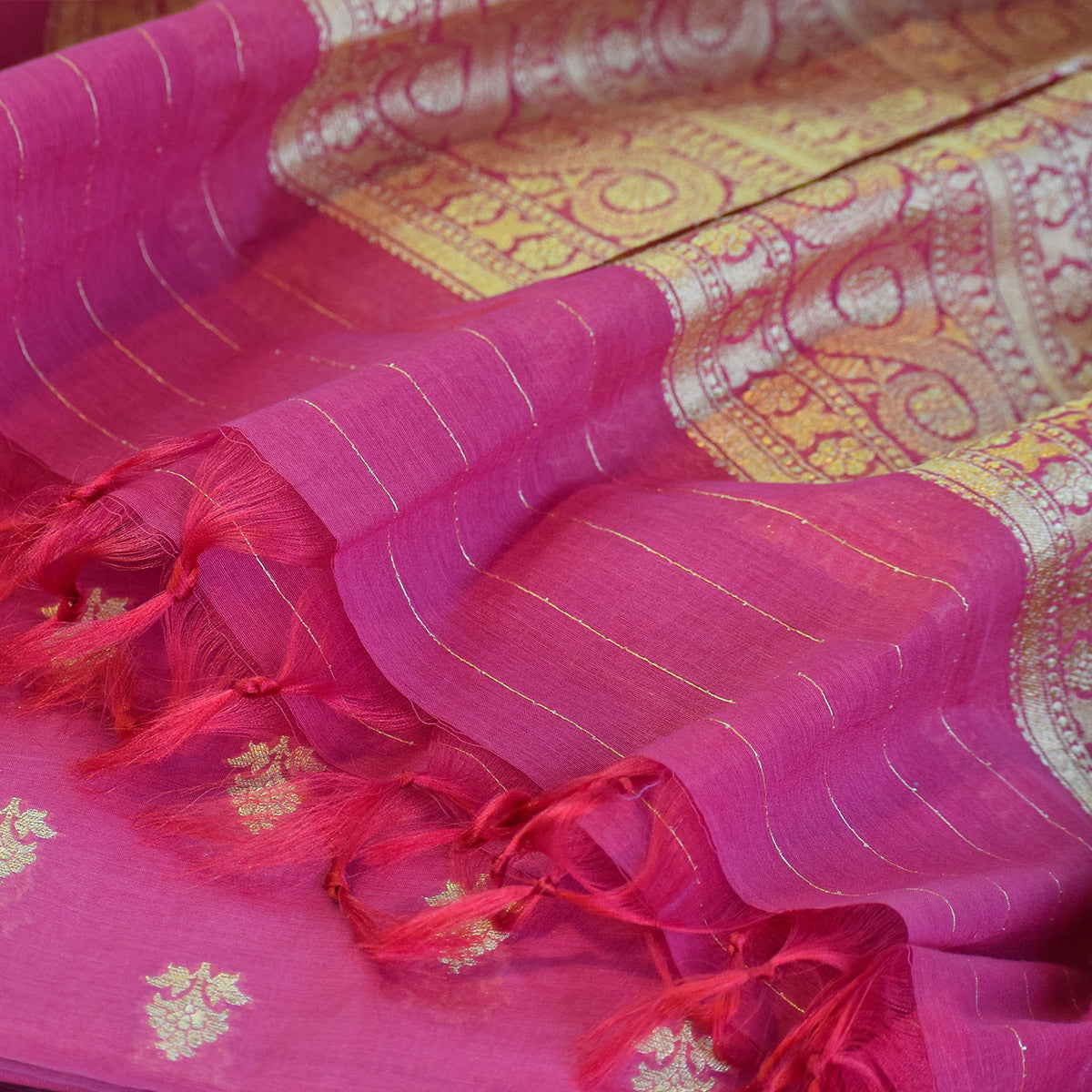 Hot Pink Banarasi Suit Fabric with Regal Zari Stripes