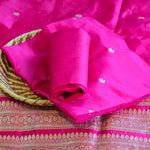 Rani Pink Handwoven Banarasi Munga Muslin Suit Set with Intricate Zari Borders & Playful Tassels