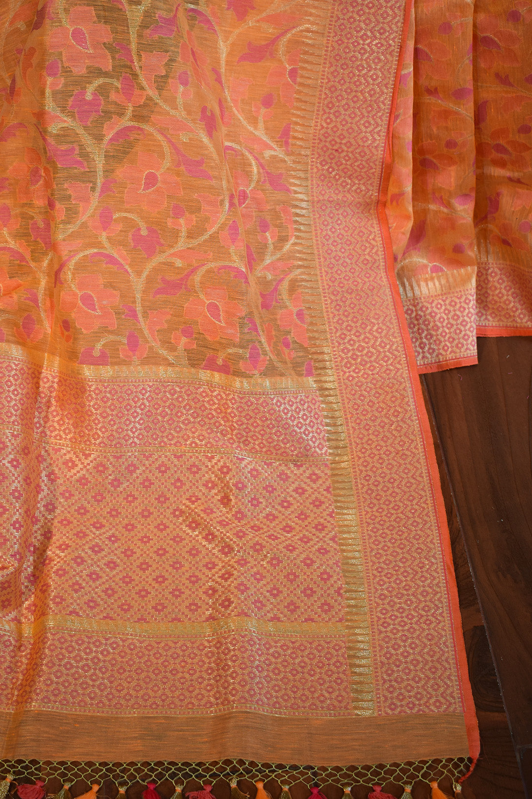 Peach–Coral Jamdani-Inspired Banarasi Silk Saree