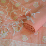 Peach Chanderi Jamdani Banarasi Suit Set with Zari Floral Motifs & Hand-Knotted Tassels