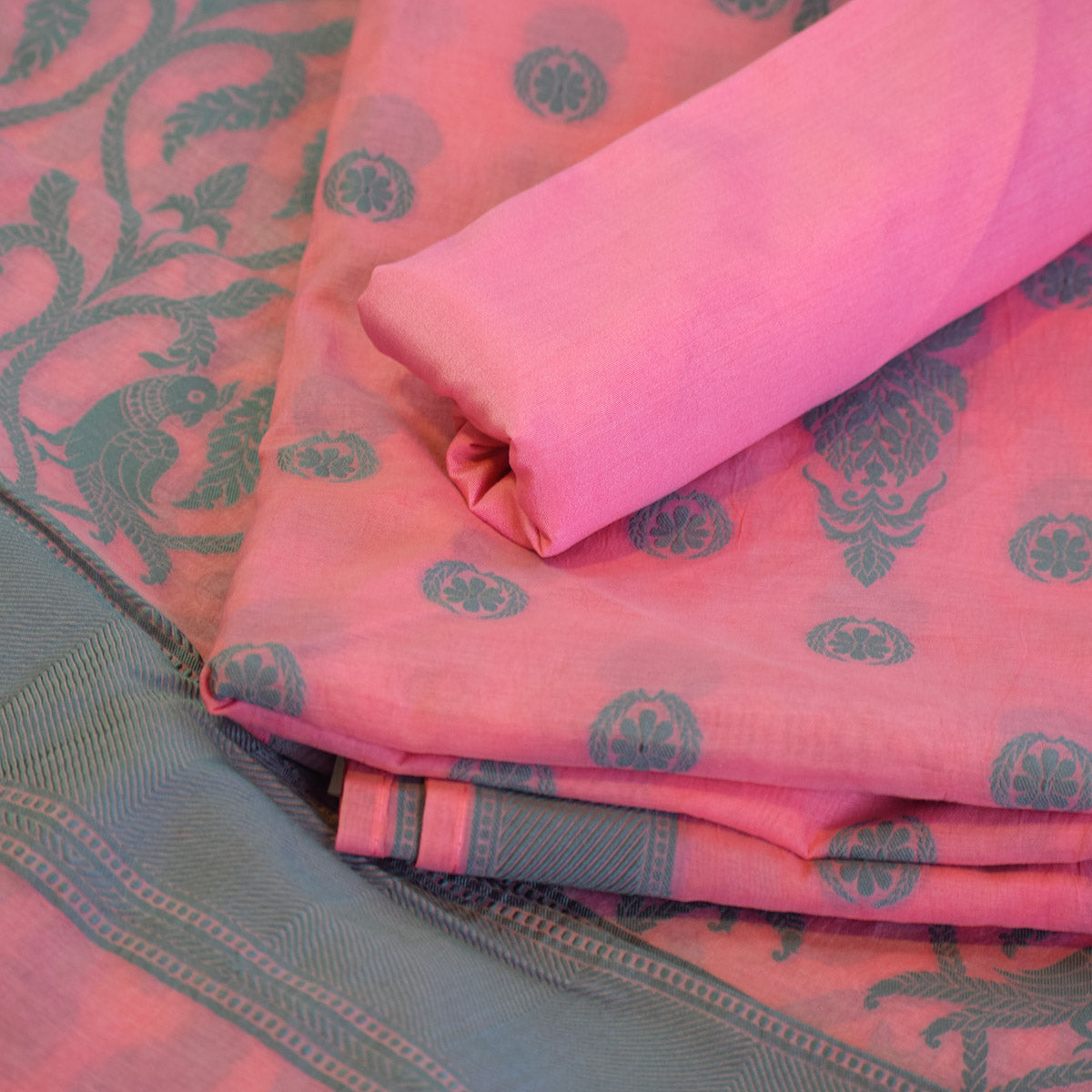 Rose Pink Chanderi Suit Fabric with Bird & Vine Motif