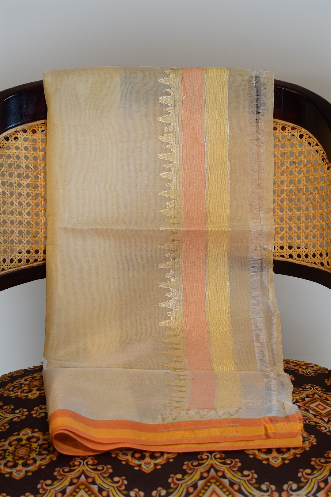 Orange–Mustard Jamdani-Inspired Banarasi Silk Saree