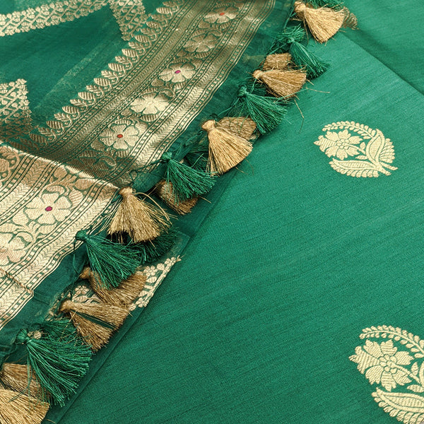 Emerald Green Banarasi Munga Silk Suit Set with Antique Gold Zari Detailing