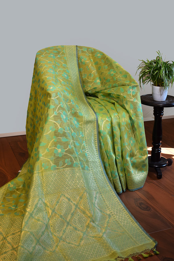 Mint Olive Jamdani-Inspired Banarasi Silk Saree
