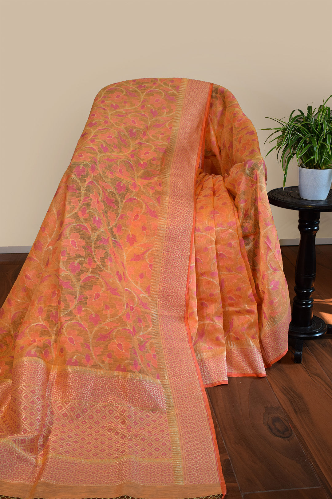 Peach–Coral Jamdani-Inspired Banarasi Silk Saree