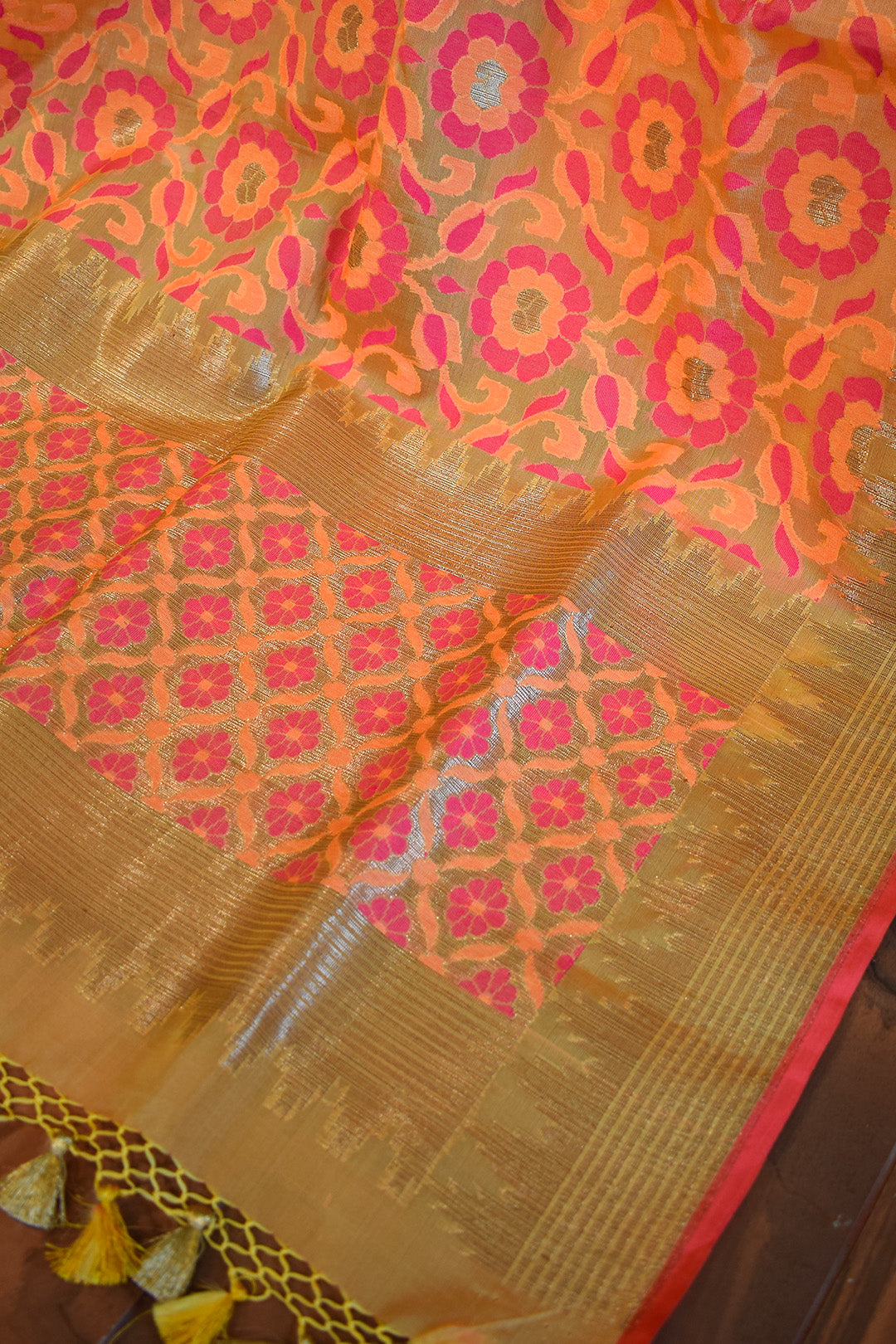 Coral Peach Jamdani-Inspired Banarasi Silk Saree with Floral Motifs