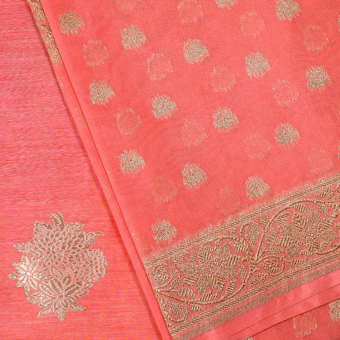 Peach- Linen Tussar Banarasi Kadwa Unstitched Suit Set