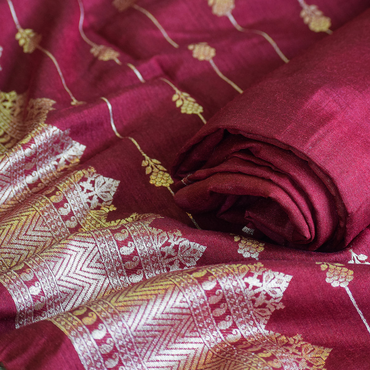 Maroon Handwoven Banarasi Suit Set with Zari Motifs & Ornate Border