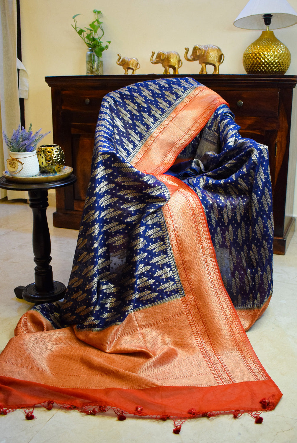 Chanderi Banarasi woven saree-Navy blue