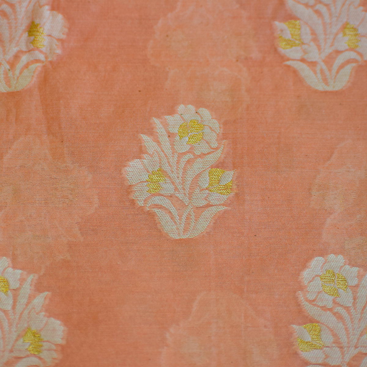 Peach Chanderi Jamdani Banarasi Suit Set with Zari Floral Motifs & Hand-Knotted Tassels