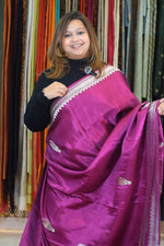 Pure mashru silk saree with banarasi silver and golden zari kadwa weaving-Purple